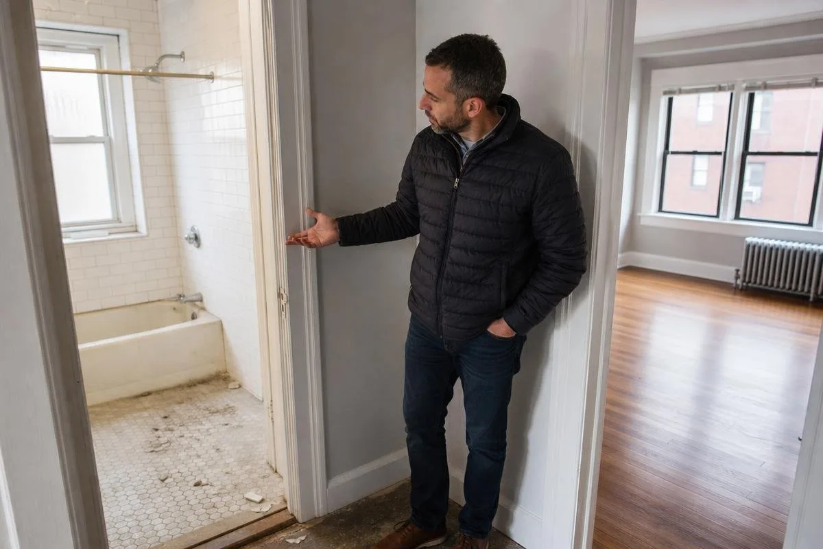 Contractor inspecting worn finishes inside a bathroom