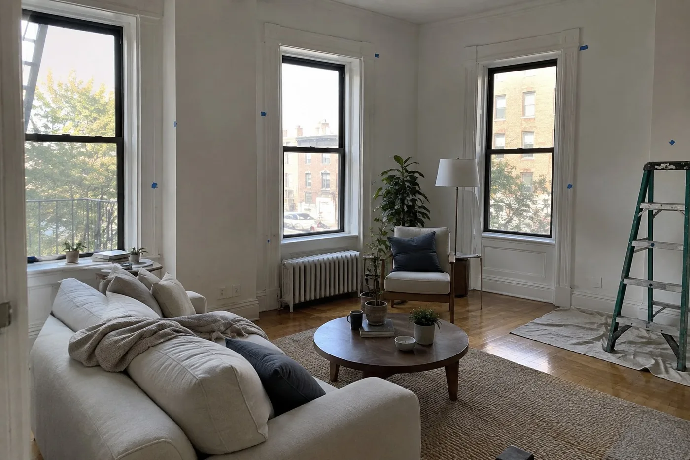 freshly painted pre-war living room with blue painter's tape marking punch list touch-ups