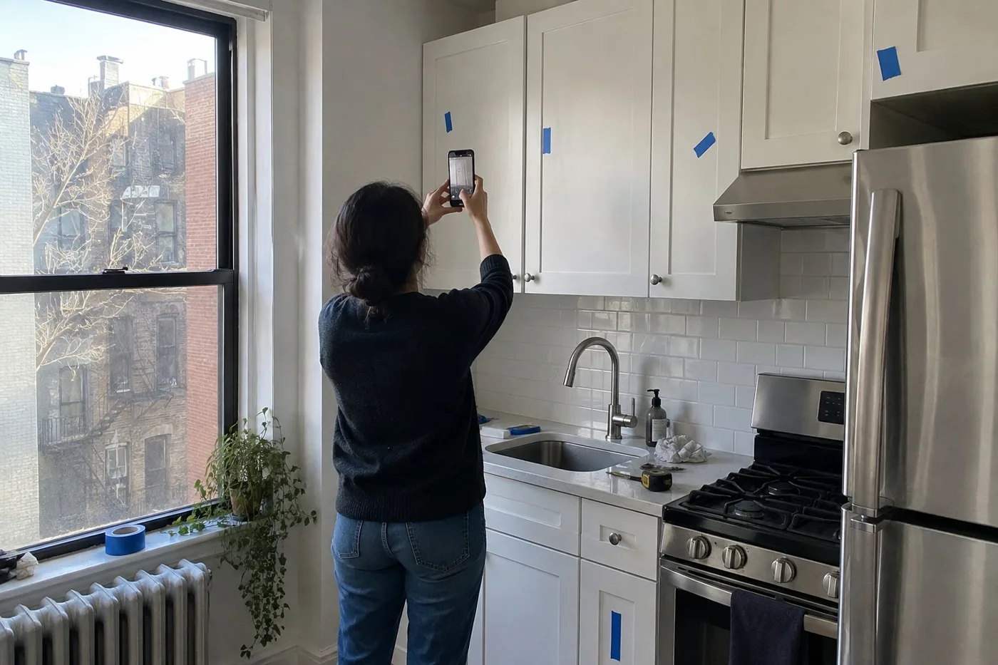 homeowner photographing a cabinet punch list item marked with blue tape in a renovated NYC kitchen