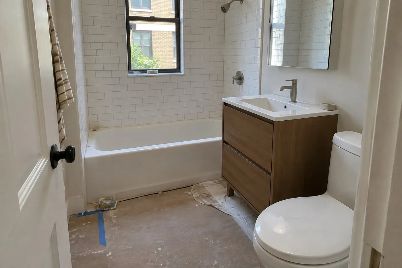 nearly finished bathroom with new tub, vanity, and toilet awaiting final floor work
