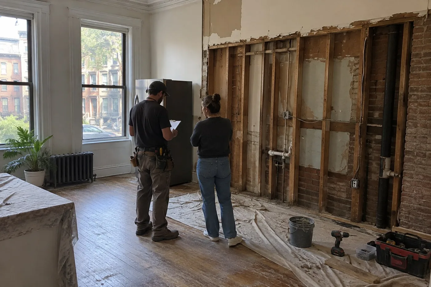 contractor and homeowner reviewing a change order on a clipboard beside an opened wall with exposed framing and plumbing