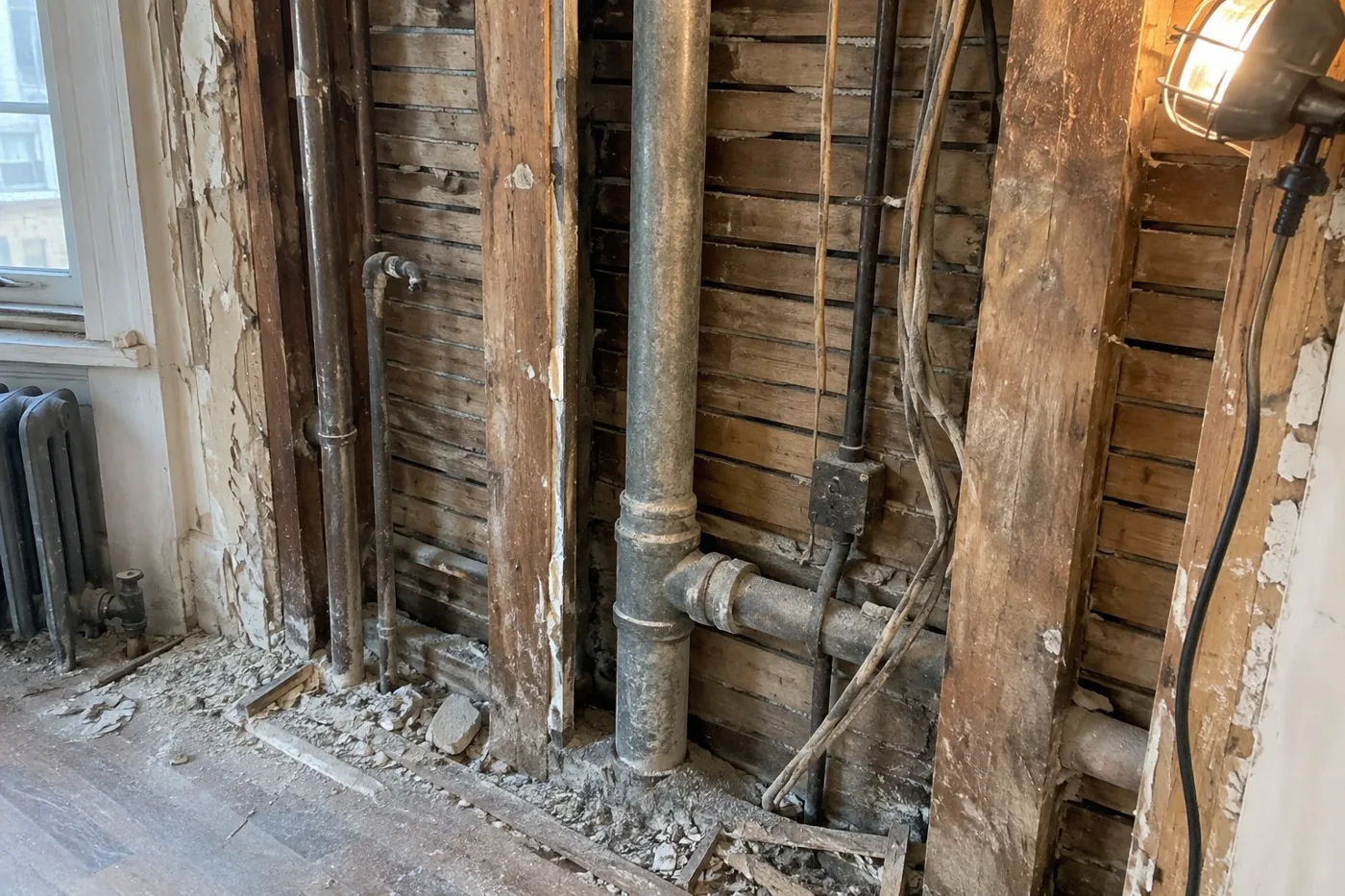old cast-iron pipes, wiring, and wood lath exposed behind a demolished wall in a pre-war NYC apartment