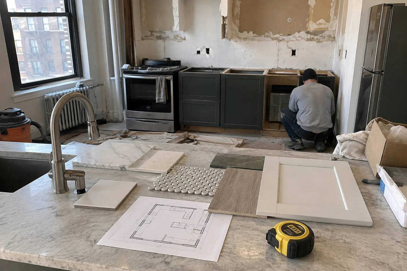 kitchen material samples and a floor plan on a marble counter while a contractor installs base cabinets