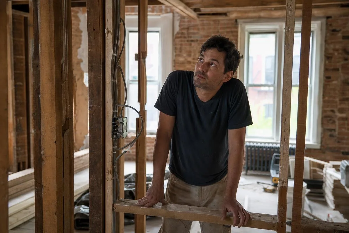 Contractor inspecting exposed wall framing in a stripped interior
