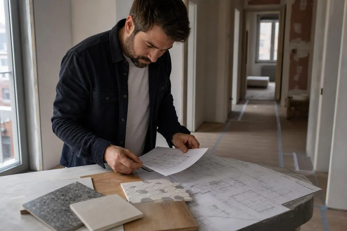 Contractor reviewing renovation plans and material samples at a worktable
