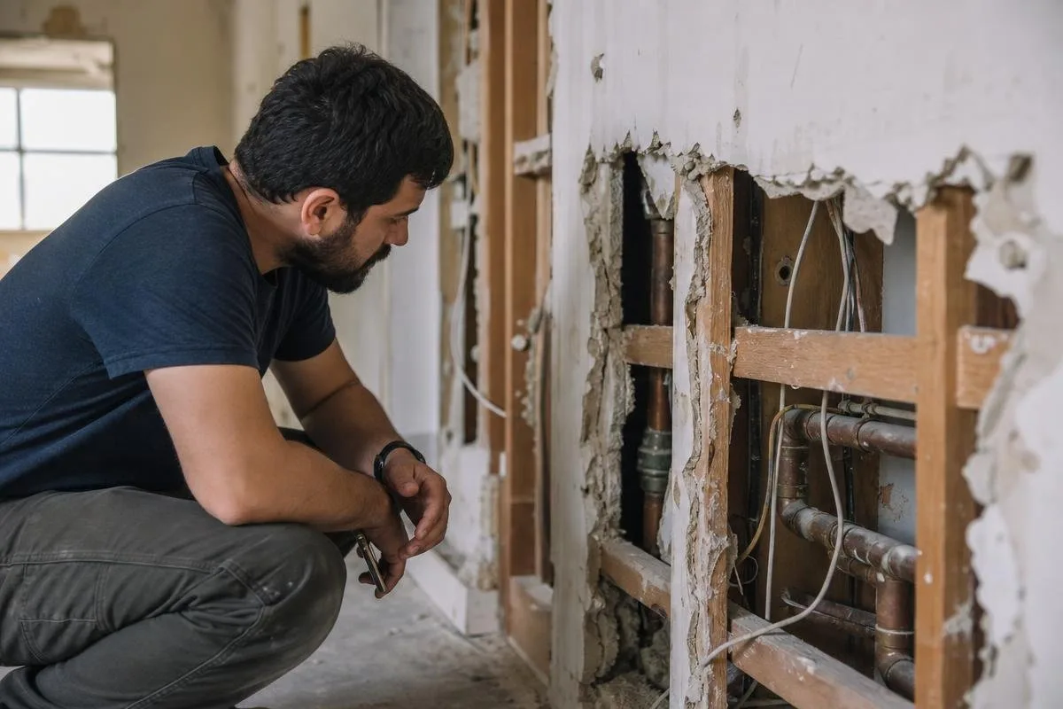 Contractor inspecting exposed pipes and wall framing during renovation