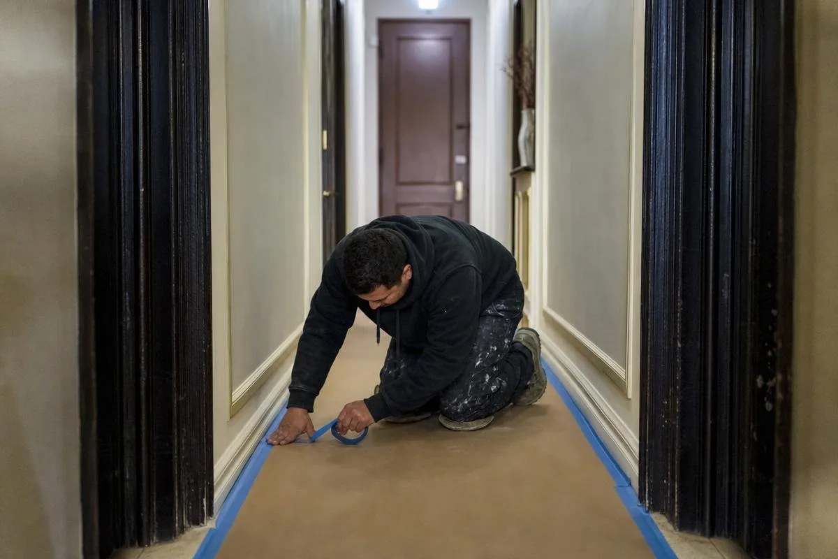 Worker installing protective floor covering in a hallway