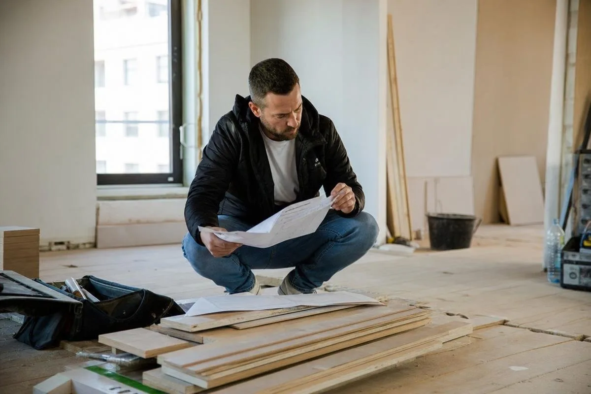 Contractor reviewing plans while kneeling on an unfinished floor