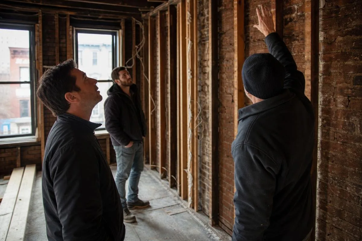 Three contractors inspecting exposed wall framing in a stripped interior